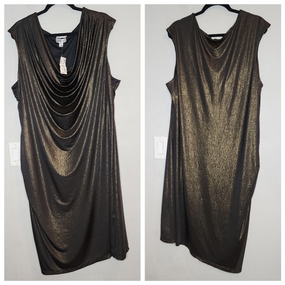 NWT Avenue Gold Metallic Black Stretchy Sleeveless Drape Neck Dress Sz 26/28 4X - Picture 14 of 14